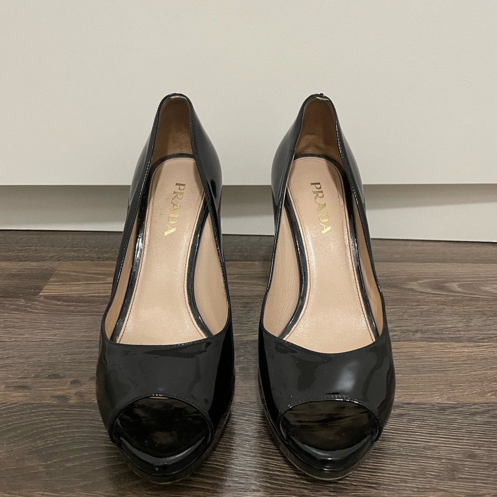 Prada Glossy Black Peep-Toe Heels
